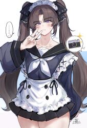  ... 1boy absurdres ayase_ayato_(imamiya_pinoko) black_skirt blush brown_hair camera closed_mouth collarbone commentary_request crossdressing crossdressing_(mtf) highres imamiya_pinoko long_hair long_sleeves looking_at_viewer male_focus original parted_bangs pleated_skirt simple_background skirt solo sparkle spoken_ellipsis sweatdrop thick_eyebrows trap twintails twitter_username v violet_eyes white_background 