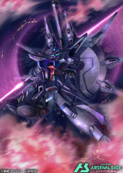  card_(medium) copyright_logo copyright_name copyright_notice funnels_(gundam) glowing glowing_eyes gundam gundam_arsenal_base gundam_seed gundam_seed_destiny highres holding_beam_saber legend_gundam logo mecha mechanical_gloves mobile_suit no_humans official_art robot soezy v-fin zaft_(gundam) 