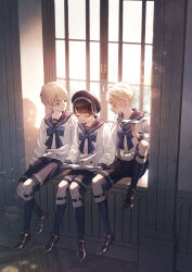  3boys absurdres aged_down ahoge america_(hetalia) axis_powers_hetalia beret black_hair black_hat black_shorts black_socks blonde_hair blue_bow blue_bowtie blue_eyes book bow bowtie brown_shoes buttons child closed_eyes closed_mouth collarbone commentary_request day fingernails floor full_body garter_belt green_eyes hand_up hat hat_bow highres holding holding_book holding_skateboard japan_(hetalia) kneehighs long_sleeves looking_at_another male_focus multiple_boys npyon open_book open_mouth puffy_long_sleeves puffy_sleeves reading sailor_collar school school_uniform shadow shirt shoes short_hair shorts sitting skateboard sky smile socks star_(symbol) star_print striped_bow united_kingdom_(hetalia) white_bow white_shirt white_sky window 