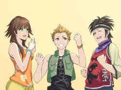  1girl 2boys bandana black_headband black_shirt black_tank_top brown_hair clenched_hands commentary_request floral_print gogo_(detteiu_de) green_eyes green_jacket grin hair_over_shoulder hair_slicked_back hands_up happy hayner headband highres jacket jewelry kingdom_hearts kingdom_hearts_ii long_hair looking_at_another multiple_boys necklace olette one_eye_closed open_mouth orange_shirt orange_tank_top own_hands_together pants pence pendant plump purple_bandana red_shirt shirt skull_print sleeveless sleeveless_jacket smile spiky_hair tank_top upper_body wavy_hair yellow_background yellow_pants 