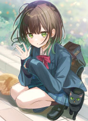  1girl :o animal bag black_cat black_shoes blazer blue_jacket blue_skirt blurry blurry_background blush bow brown_hair brown_socks cat collared_shirt commentary_request day depth_of_field full_body gradient_hair green_eyes green_hair hands_up highres jacket loafers looking_at_viewer multicolored_hair original outdoors parted_lips plaid_clothes plaid_skirt pleated_skirt red_bow school_bag school_uniform shirt shoes skirt sleeves_past_wrists socks solo white_shirt yukimaru_nun 
