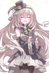  1girl ascot black_gloves black_hat black_headband black_overskirt blue_archive breasts closed_eyes crossed_bangs detached_sleeves earrings flower gloves green_ascot green_flower green_rose grey_hair hair_between_eyes halo hat hat_flower headband highres idol_clothes jewelry karikura_(atatata71) large_breasts long_hair mini_hat mini_top_hat official_alternate_costume open_mouth rose sakurako_(blue_archive) sakurako_(idol)_(blue_archive) smile solo top_hat very_long_hair yellow_halo 