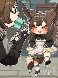  1boy 1girl absurdres alternate_costume animal_ear_fluff black_shirt black_shoes blurry blurry_background blush brother_and_sister brown_hair brown_tail chroong closed_mouth clover clover_hair_ornament commentary_request facial_mark fluffy_tail food food_in_mouth forehead_mark from_side glasses hair_ornament hairband highres laughing layered_skirt layered_sleeves long_hair long_sleeves middle_finger motion_lines open_mouth popsicle popsicle_in_mouth puffy_sleeves shirt shoes short_over_long_sleeves short_sleeves siblings skirt socks standing standing_on_one_leg tears white_hairband white_skirt white_socks ye_shiyuan ye_shunguang zenless_zone_zero 