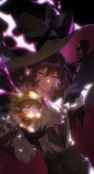  1boy absurdres alternate_costume aotu_world ascot black_background black_gloves black_hair black_pants blue_eyes camil_(aotu_world) cape character_doll chibi chinese_commentary closed_mouth doll earrings fire frilled_sleeves frills fur-trimmed_cape fur_trim gloves glowing grey_hat hair_between_eyes halloween_costume hat highres holding holding_doll implied_yaoi jewelry long_hair long_sleeves looking_at_viewer male_focus pants pink_eyes pointy_ears purple_cape purple_fire purple_hair rakuraku_(rakuraku) ray_(aotu_world) shirt short_hair single_earring smile solo sparkle violet_eyes white_ascot white_shirt witch_hat 