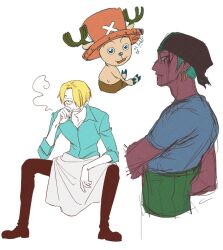  3boys antlers apron bandana black_bandana blonde_hair blue_shirt cigarette collared_shirt cross curly_hair green_hair haramaki hat hiems_xii highres horns male_focus multiple_boys one_piece pink_hat profile reindeer_antlers roronoa_zoro sanji_(one_piece) shirt short_hair sitting sparkle tony_tony_chopper white_apron 