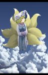  annoyed blonde_hair chen cloud clouds fang flying fox_tail hands_in_sleeves hat highres kabu_(yuyuibob) letterboxed multiple_girls multiple_tails short_hair sky tail touhou yakumo_ran yellow_eyes yuyuibob 