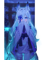  1girl absurdres animal_ears azur_lane blue_eyes blush covering_own_mouth cowboy_shot fox_ears hair_over_one_eye highres japanese_clothes kasumi_(azur_lane) kimono long_hair night solo standing torii very_long_hair white_hair white_kimono yu_hydra 