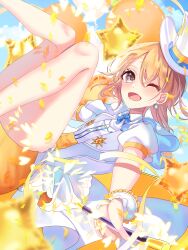  1girl 7naako5 ;d blue_ribbon collared_shirt commentary feet_out_of_frame grey_eyes hanasato_minori highres holding holding_wand jacket legs_up miniskirt neck_ribbon one_eye_closed open_clothes open_jacket open_mouth orange_hair orange_skirt pleated_skirt project_sekai puffy_short_sleeves puffy_sleeves ribbon shirt short-sleeved_jacket short_hair short_sleeves skirt smile solo star_balloon wand white_jacket white_shirt 
