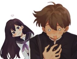  1boy 1girl :3 alternate_costume antenna_hair black_eyes black_hair blurry blurry_foreground blush bright_pupils brown_hair closed_mouth commentary dark-skinned_male dark_skin double-parted_bangs hair_between_eyes hero_(faraway)_(omori) hero_(omori) highres long_hair long_sleeves looking_at_another mari_(faraway)_(omori) mari_(omori) nico0 o_o omori open_mouth school_uniform short_hair simple_background smile symbol-only_commentary white_background white_pupils 