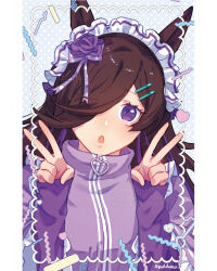  1girl alternate_costume animal_ears blush breasts brown_hair double_v flipped_hair flower frills hair_over_one_eye heart horse_ears horse_girl jacket jersey_maid long_hair looking_at_viewer maid maid_headdress open_mouth puddeins purple_flower purple_jacket rice_shower_(umamusume) rose small_breasts solo track_jacket umamusume umamusume:_cinderella_gray unconventional_maid upper_body v violet_eyes white_headdress 