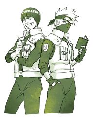  2boys blunt_bangs book bowl_cut cowboy_shot cropped_legs crossed_arms flak_jacket green_theme grin hand_in_pocket hatake_kakashi headband_over_one_eye highres holding holding_book jacket konohagakure_shinobi_uniform konohagakure_symbol male_focus mask might_guy monochrome mouth_mask multiple_boys naruto_(series) reading short_hair sleeves_rolled_up smile sparkle spiky_hair teeth thick_eyebrows thumbs_up vest white_background yase_sidec 