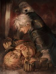  2boys arm_tattoo blonde_hair blood blood_on_face braid chest_tattoo clawed_gauntlets clenched_teeth commentary evil_smile gold_necklace highres honkai:_star_rail honkai_(series) jewelry looking_at_another lycheelinecat male_focus multiple_boys mydei_(honkai:_star_rail) necklace nosebleed phainon_(honkai:_star_rail) red_tattoo short_hair side_braid single_braid smile sweat tattoo teeth white_hair 