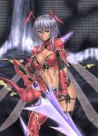  antenna aqua_eyes armor bikini_armor breasts cleavage garter_belt highres houtengeki midriff navel original short_hair silver_hair smile solo sword thighhighs weapon wings 