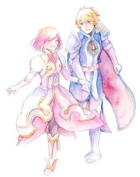  1boy 1girl armor blonde_hair boots cape closed_eyes estellise_sidos_heurassein flynn_scifo gauntlets gloves holding_hands koruri_(unubore_tekagami) painting_(medium) pink_hair short_hair smile standing tales_of_(series) tales_of_vesperia traditional_media watercolor_(medium) white_background white_gloves 