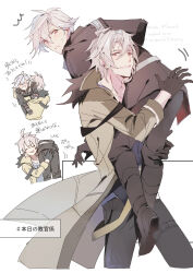  2boys ahoge azitsukeniku black_gloves blush carrying carrying_over_shoulder carrying_person coat crow_armbrust double-parted_bangs eiyuu_densetsu embarrassed gloves grin hair_between_eyes highres implied_yaoi kai_no_kiseki kuro_no_kiseki_(series) looking_at_viewer male_focus mullet multiple_boys open_clothes open_coat parted_bangs parted_lips rean_schwarzer red_eyes short_hair simple_background smile sweat translation_request upper_body white_background white_hair 