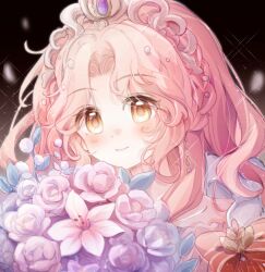  1girl artist_request beads black_background bouquet bow bowtie braid brown_eyes cape chinese_commentary closed_mouth collarbone commentary_request crown_braid dandelion dot_nose dress earrings eyelashes eyes_visible_through_hair flower fur-trimmed_cape fur_trim gold_earrings hair_beads hair_ornament happy highres holding holding_bouquet jewelry light_blush light_particles lily_(flower) lips long_hair looking_at_viewer miracle_nikki nikki_(nikki) nikki_(series) parted_bangs petals pink_flower pink_hair pink_lips purple_flower purple_rose red_bow red_bowtie rose second-party_source smile solo sparkle striped_bow tareme tiara upper_body wavy_hair when_blossoms_gather_(miracle_nikki) white_dress 