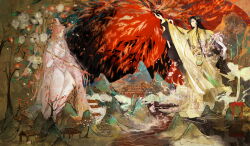  2boys absurdres architecture black_hair boat bridal_gauntlets brown_background brown_sash camellia cape cherry_blossoms chinese_clothes chinese_commentary closed_mouth coat commission corsage daxiushan east_asian_architecture expressionless falling_flower feet_out_of_frame flower flower_ornament full_body gate hair_flower hair_ornament hairclip hand_up hanfu heavenly_white_(the_tale_of_food) highres holding holding_flower holding_lantern holding_wand house huai_xu_sapling lantern leaf light_smile long_hair long_sleeves male_focus mountain multiple_boys outstretched_arm parted_bangs pink_coat pink_flower pink_hair pink_hanfu pink_ribbon plum_blossoms red_flower red_sky ribbon river robe sash side_part sideways_glance sitting sky smoke snow_starch_(the_tale_of_food) spirit standing sweater_guard tassel the_tale_of_food tree very_long_hair violet_eyes waist_sash wand watercraft white_bridal_gauntlets white_flower white_hanfu white_robe wide_ponytail wide_sleeves xiao_guan_(headdress) yaopei yellow_cape yellow_eyes yellow_hanfu yellow_robe 