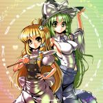  ahoge alternate_hairstyle blonde_hair braid breasts detached_sleeves frog green_eyes green_hair hair_ornament hairstyle_switch hand_on_hat hat headwear_switch kirisame_marisa kochiya_sanae long_hair multiple_girls snake touhou umigarasu_(artist) umigarasu_(kitsune1963) witch witch_hat yellow_eyes 