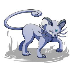  alolan_persian claws fangs forehead_jewel grey_fur looking_at_viewer mistray-art no_humans numbered pokemon pokemon_(creature) signature simple_background solo tail white_background 