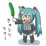  &gt;_&lt; :d animal_ears aqua_hair blush_stickers cat_ears chibi cucumber detached_sleeves drooling food hatsune_miku kakushiaji kemonomimi_mode lowres necktie open_mouth smile solo stick translated translation_request twintails vocaloid xd 