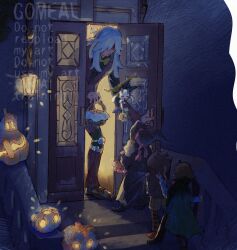  1boy az_(pokemon) black_hat black_robe blue_hair bow bowtie brown_shorts cape character_counter_request character_request collared_cape commentary_request dark floette floette_(eternal) gogohan green_cape hat highres jacket long_hair long_sleeves opening_door orange_pantyhose pants pantyhose patchwork_clothes pinstripe_jacket pinstripe_pattern pokemon pokemon_(creature) pokemon_legends:_z-a red_jacket red_pants robe shorts smile striped_clothes striped_pantyhose trick-or-treating watermark witch_hat wizard yellow_bow yellow_bowtie 