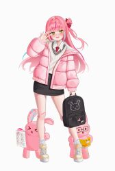  >_< 1girl absurdres aran_sweater backpack bag black_skirt blush breasts breasts_out cable_knit coat collared_shirt contrapposto full_body green_eyes hair_ribbon hanako_nana hand_up hashtag-only_commentary highres holding holding_bag long_hair looking_at_viewer miniskirt necktie nose_blush off_shoulder open_clothes open_coat open_mouth pencil_skirt peto_(hanako_nana) pink_coat pink_hair rabbit red_necktie red_ribbon ribbon shirt shoes simple_background skirt smile solo standing stellive straight_hair sweater v-neck virtual_youtuber white_background white_shirt white_shoes white_sweater wing_collar winter_clothes winter_coat yeoun 