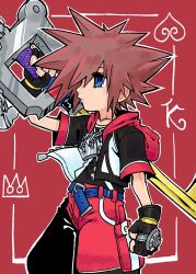  1boy 1her0 arm_up belt big_hair black_gloves black_jacket blue_belt blue_eyes brown_hair card card_background chain chain_necklace cowboy_shot crown crown_(symbol) crown_necklace expressionless fingerless_gloves gloves highres holding holding_weapon hood hood_down hooded_jacket jacket jewelry keyblade king_(playing_card) king_of_spades kingdom_hearts kingdom_hearts_3d:_dream_drop_distance male_focus necklace open_clothes open_jacket over_shoulder playing_card profile red_background red_hood red_jacket red_shorts short_hair short_sleeves shorts solo sora_(kingdom_hearts) spade_(shape) spiky_hair sword sword_over_shoulder weapon weapon_over_shoulder wristband 