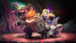  1boy 2girls artist_name baseball_cap blonde_hair blue_tunic bowser circlet claws clenched_hand dark-skinned_female dark_skin dress fleesveon green_eyes hat holding holding_water_gun inkling long_dress long_hair multiple_girls nintendo_switch open_mouth orange_hair parted_bangs pink_eyes pink_hair pointy_ears princess_zelda sitting_on_shoulder smile splatoon_(series) super_mario_bros. super_smash_bros. tentacle_hair the_legend_of_zelda thick_eyebrows tunic water_gun white_dress 