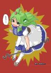  abekawa check_translation combination cosplay dowsing_rod frog fusion green_eyes green_hair hair_bobbles hair_ornament highres kochiya_sanae mukyuu onozuka_komachi onozuka_komachi_(cosplay) open_mouth red_background smile snake solo touhou translated weather_vane 