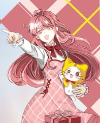  1girl ahoge animal argyle_background argyle_clothes argyle_dress artist_request blue_background bow bowtie cat chinese_commentary cloak collared_shirt commentary_request cowboy_shot cross-laced_clothes cross-laced_dress dot_nose dress dress_ribbon ear_covers eyelashes floating_hair frilled_shirt_collar frilled_sleeves frills hair_between_eyes happy high_collar highres holding holding_animal holding_cat hood hood_up hooded_cloak long_hair long_sidelocks long_sleeves medium_dress navel nikki_(nikki) nikki_(series) open_mouth pawpads pinafore_dress pink_background pink_dress pink_eyes pink_hair pointing pointing_forward red_bow red_bowtie red_ribbon ribbon second-party_source shining_nikki shirt sidelocks sleeveless sleeveless_dress smile solo standing traditional_bowtie two-tone_background very_long_hair whiskers white_cat white_shirt yellow_cloak 