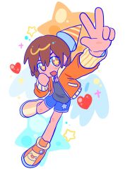  1boy 2g7oo :d alternate_costume androgynous arm_up bare_legs blue_shorts blue_wings brown_eyes brown_hair commentary_request dark-skinned_male dark_skin deformed double-parted_bangs eyebrows_hidden_by_hair foreshortening from_above full_body grey_shirt hair_between_eyes hand_on_own_cheek hand_on_own_face hand_up happy_birthday hat heart highres hood hood_down hooded_jacket jacket kel_(faraway)_(omori) kel_(omori) korean_commentary long_sleeves looking_at_viewer male_focus no_socks omori open_clothes open_jacket open_mouth orange_hat orange_jacket orange_shoes outstretched_arm party_hat puffy_long_sleeves puffy_sleeves shirt shoes short_hair shorts simple_background smile solo sparkle standing standing_on_one_leg star-shaped_pupils star_(symbol) star_print star_symbol_background striped_clothes striped_hat striped_headwear symbol-shaped_pupils two-tone_hat two-tone_headwear w white_background wings yellow_hat yellow_hood yellow_pupils 
