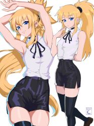  1girl 604yue black_choker black_ribbon black_shorts breasts choker collared_shirt cosplay hair_between_eyes highres long_hair looking_at_viewer metroid metroid_prime_4:_beyond neck_ribbon reze_(chainsaw_man) reze_(chainsaw_man)_(cosplay) ribbon samus_aran shirt shorts simple_background sleeveless sleeveless_shirt solo white_shirt 