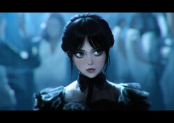  1girl 6+others black_dress black_eyes black_hair blurry blurry_background closed_mouth dress goth_fashion highres jenna_ortega letterboxed lips looking_to_the_side multiple_others portrait realistic revision sideways_glance solo_focus the_addams_family umigraphics updo wednesday_(netflix) wednesday_addams 