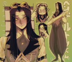  1boy brown_eyes brown_hair brown_vest chinese_commentary colored_sclera commentary_request glasses goggles goggles_on_head green_background green_theme hazbin_hotel hellaverse highres holding holding_scroll keijino_ue long_hair male_focus multiple_views puffy_pants round_eyewear scroll sir_pentious sir_pentious_(human) vest yellow_sclera 