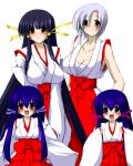  age_difference arcana_heart black_hair blue_hair blush breasts brown_eyes child cleavage family hair_ribbon japanese_clothes kasuga_koito kasuga_kouta kasuga_maori kasuga_tsuzune large_breasts long_hair miko multiple_girls open_mouth red_eyes ribbon short_hair siblings silver_hair sisters smile twins 