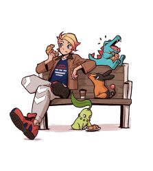  1boy blonde_hair blue_eyes blue_shirt brown_jacket chikorita closed_eyes croissant dusclipse eating food grey_pants highres holding holding_food jacket open_clothes open_jacket open_mouth pants pokemon pokemon_(creature) pokemon_legends:_z-a red_shoes shirt shoes simple_background sitting tepig totodile urbain_(pokemon) white_background 
