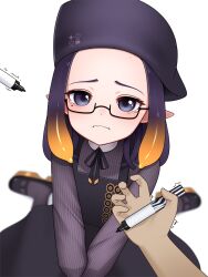  1girl bad_id bad_pixiv_id black_dress blue_eyes blurry blurry_background closed_mouth collared_shirt commentary dress drey525 english_commentary forehead glasses gradient_hair highres holding holding_marker hololive hololive_english long_hair long_sleeves looking_at_viewer marker mole mole_under_eye multicolored_hair neck_ribbon ninomae_ina'nis ninomae_ina'nis_(casual) official_alternate_costume orange_hair pinafore_dress pinstripe_pattern pinstripe_shirt pointy_ears pov pov_hands puffy_long_sleeves puffy_sleeves purple_hair purple_shirt ribbon semi-rimless_eyewear shirt simple_background sitting sleeveless sleeveless_dress solo_focus tearing_up tentacle_hair very_long_hair virtual_youtuber wariza wavy_mouth white_background 