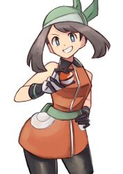 bandana bike_shorts bike_shorts_under_shorts black_shorts blue_eyes brown_hair commentary dress fanny_pack gloves green_bandana grin holding holding_poke_ball looking_at_viewer may_(pokemon) medium_hair orange_dress poke_ball poke_ball_(basic) pokemon pokemon_emerald pokemon_rse pouch shorts simple_background sleeveless smile solo tikuwabu_33 white_background white_gloves 