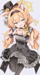  1girl animal_ears black_hat black_pantyhose blue_archive blue_eyes breasts cat_ears cat_girl commentary_request dress grey_background grey_dress halo hat heart heart_hands highres long_hair looking_at_viewer mari_(blue_archive) mari_(idol)_(blue_archive) notice_lines open_mouth orange_hair paid_reward_available pantyhose partial_commentary sabana simple_background small_breasts solo striped_clothes striped_pantyhose top_hat twintails vertical-striped_clothes vertical-striped_pantyhose yellow_halo 