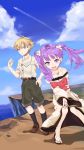  black_kneehighs blonde_hair blue_eyes clain dress flower fractale hair_flower hair_ornament hand_on_hip harunoibuki hips jewelry kneehighs necklace nessa open_mouth outstretched_arm outstretched_hand purple_eyes purple_hair sandals shorts sky smile twintails violet_eyes 