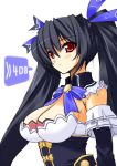  bare_shoulders black_hair blush bow breasts brooch choujigen_game_neptune cleavage detached_sleeves hair_ribbon idea_factory jewelry large_breasts long_hair noire red_eyes ribbon solo twintails 