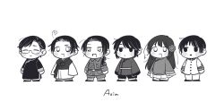  1girl 5boys absurdres ahoge armband axis_powers_hetalia baggy_pants bandaged_leg bandages belt blush_stickers bow breast_pocket buttons chibi chibi_only china_(hetalia) chinese_clothes clenched_hands closed_eyes closed_mouth collared_jacket english_text fang flower frills full_body glasses greyscale hair_flower hair_ornament half-closed_eyes hanbok highres hong_kong_(hetalia) jacket japan_(hetalia) korea_(hetalia) korean_clothes long_hair long_sleeves longpao looking_afar low_ponytail macau_(hetalia) mi_aph_to military military_jacket military_uniform monochrome multiple_boys open_mouth pants pocket ponytail semi-rimless_eyewear shirt shoes short_hair sidelocks simple_background skirt smile standing star_(symbol) star_print taiwan_(hetalia) vest wide_sleeves 