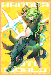  1boy abs aotu_world arm_strap arms_behind_head arms_up belt black_belt black_cape black_jacket black_shirt black_shoes boots cape chengxia_feitianle chinese_commentary copyright_name crop_top cropped_jacket english_text full_body greatsword green_hair grey_pants grin hair_between_eyes halo highres holding holding_sword holding_weapon jacket long_hair long_sleeves looking_at_viewer low_ponytail male_focus mechanical_halo midriff multicolored_eyes navel pants pointy_ears ponytail red_eyes shirt shoes smile solo sparkle star_(symbol) sword toned toned_male waist_cape water weapon xander_(aotu_world) yellow_background yellow_eyes 