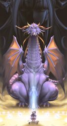  2girls absurdres beak bow capelet claws closed_mouth colored_skin commentary_request dragon dragon_girl dragon_horns dragon_tail dragon_wings dress dust fantasy forehead_jewel glowing grey_hair hair_bun hair_ornament hat highres hologram hololive horn_bow horn_ornament horns kiryu_coco kiryu_coco_(dragon) kneeling long_hair midriff multiple_girls murasaki_shion murasaki_shion_(1st_costume) on_ground orange_hair partial_commentary pointy_ears purple_capelet purple_skin purple_skirt scales sharp_teeth silhouette sitting size_difference skirt striped_clothes striped_thighhighs tail teeth thigh-highs tight_clothes tight_dress toe_claws virtual_youtuber western_dragon wings xetton 