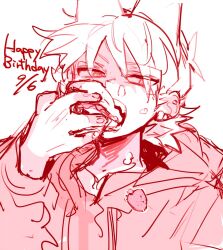  1boy animification bad_id bad_twitter_id birthday cake commentary eating eddsworld english_text food fruit hair_ears happy_birthday holding holding_cake holding_food hood hood_down inactive_account male_focus monochrome nana_(ebitokanimiso) painttool_sai_(medium) red_theme short_hair simple_background sketch solo strawberry symbol-only_commentary tord_(eddsworld) white_background 