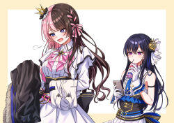  2girls arm_strap bare_shoulders black_gloves black_hair blue_eyes blue_necktie blush border bow bowtie braid brown_hair center_frills corset crown dress drinking_straw frilled_dress frills gloves hair_between_eyes hair_bow hair_ornament hair_ribbon highres holding holding_phone holding_unworn_clothes ichinose_uruha long_hair mini_crown multicolored_hair multiple_girls necktie open_mouth outside_border parted_bangs phone pink_bow pink_bowtie pink_hair ribbon sasamisable sigh simple_background sleeveless sleeveless_dress split-color_hair square-end_necktie streaked_hair tachibana_hinano two-tone_hair violet_eyes virtual_youtuber vspo! white_background white_dress white_gloves wrist_cuffs yellow_border 