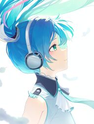  1girl absurdres aqua_eyes aqua_necktie blue_hair closed_mouth collared_shirt falling_feathers feathers floating_hair from_side hatsune_miku headphones highres long_hair monmo_mu necktie profile shirt sleeveless sleeveless_shirt smile solo twintails upper_body vocaloid white_background white_shirt 