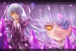  1girl barasuishou commentary_request cowboy_shot crystal eyepatch flower flower_eyepatch frilled_shirt frills gem grey_hair juliet_sleeves letterboxed lolita_fashion long_hair long_sleeves looking_at_viewer misaki_(kyal_001) multiple_views open_mouth own_hands_together puffy_sleeves purple_flower purple_gemstone purple_rose purple_shirt purple_skirt rose rozen_maiden shirt skirt smile very_long_hair yellow_eyes 