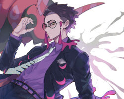  1boy belt black-framed_eyewear black_hair black_jacket collared_shirt commentary_request corbeau_(pokemon) glasses hand_up jacket male_focus necktie open_clothes open_jacket pants pokemon pokemon_(creature) pokemon_legends:_z-a purple_belt purple_shirt round_eyewear scolipede shirt short_hair yellow_eyes yokane 