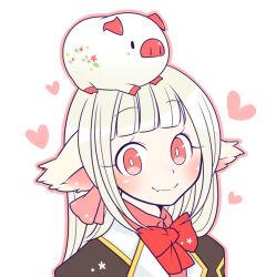  1girl animal_ears animal_on_head blonde_hair blunt_bangs blush bow bowtie brown_cape cape cat_ears cat_girl closed_mouth commentary_request genetic_(ragnarok_online) jacket long_hair looking_at_viewer oekakipikki official_alternate_costume on_head piglet pink_eyes pink_shirt portrait ragnarok_online red_bow red_bowtie shirt simple_background smile solo white_background white_jacket 